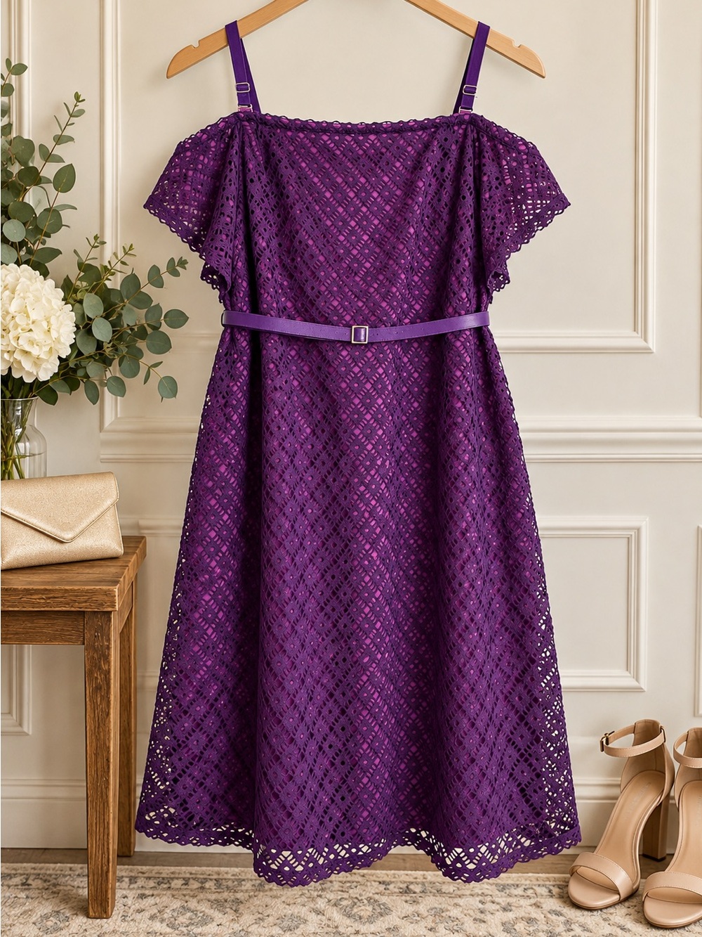 Lane Bryant Purple Lace Off-Shoulder Midi Dress with Belted Waist